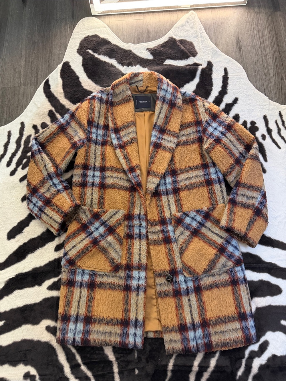 Plaid Faux-Shearling Coat in Mustard Blue - Women’s Jacket